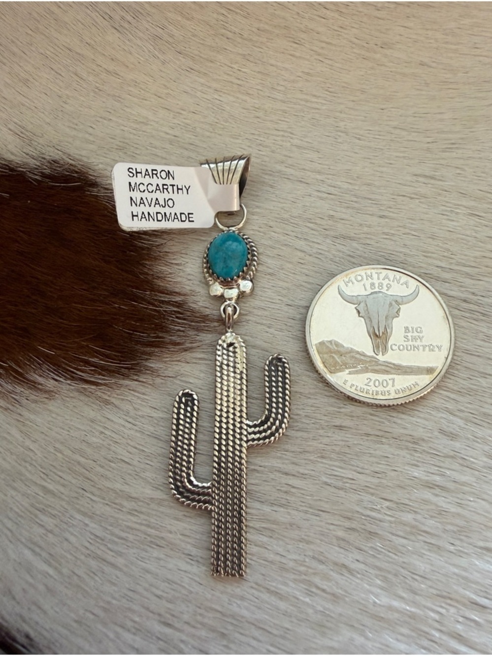 ❤️Signed Navajo Sharon McCarthy Cactus Pendant Kingman Turquoise Sterling Silver - Picture 3 of 15